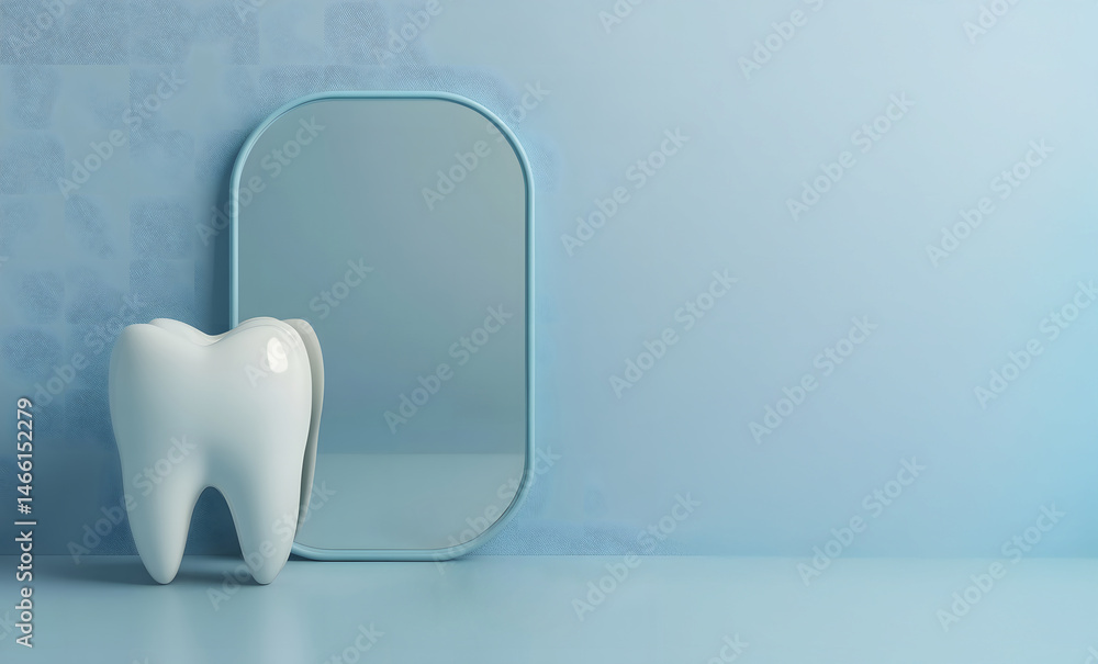 Minimalist 3D concept of dentist mirror and tooth displayed in clean square poster format on soft blue background, symbolizing precision, oral care, and modern clinical hygiene.