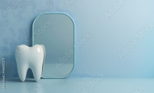 Obraz na płótnie Minimalist 3D concept of dentist mirror and tooth displayed in clean square poster format on soft blue background, symbolizing precision, oral care, and modern clinical hygiene. w salonie