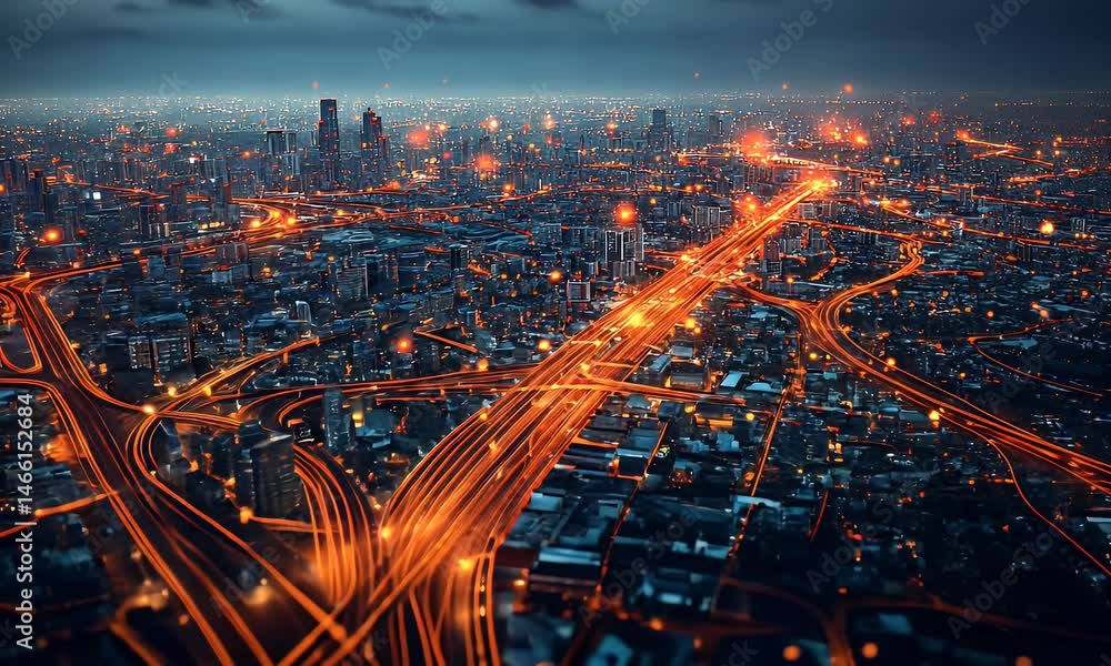 Aerial view of the cityscape at night, with skyscrapers illuminated by red lights and streets bustling below. The urban landscape is bathed in orange hues from streetlights Aerial view of the cityscape at night, with skyscrapers illuminated by red lights and streets bustling below. The urban landscape is bathed in orange hues from streetlights