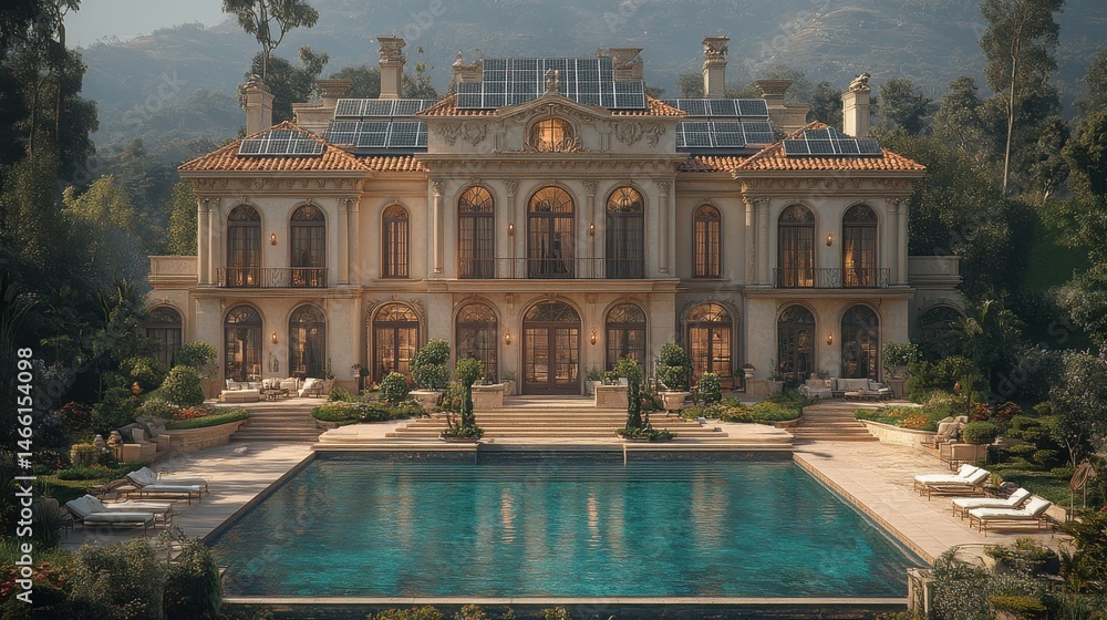 Naklejka premium Grand estate with pool, showcasing classic architecture and solar panels