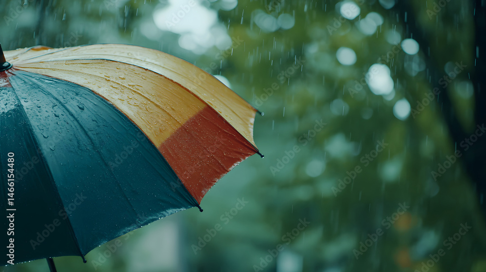 Mid-range view of colorful umbrella tilted during rainfall with visible droplets bouncing off surface, capturing seasonal weather energy and vibrant outdoor textures in rainy backdrop
