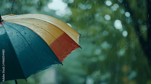 Obraz na płótnie Mid-range view of colorful umbrella tilted during rainfall with visible droplets bouncing off surface, capturing seasonal weather energy and vibrant outdoor textures in rainy backdrop w salonie