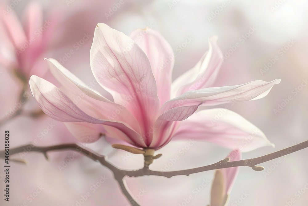 Fototapeta premium Close-up of a blooming magnolia flower with delicate pink petals and subtle veining