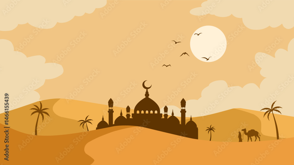 Naklejka premium Landscape of mosque in the desert scenery for Ramadan. Panoramic view of sandy desert with muslim walking alongside camel. Vector illustration of scenic arabian desert for Ramadan Mubarak celebration