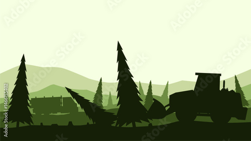 Landscape silhouette of illegal logging in a pine forest. Panoramic view of deforestation with bulldozer and forestry truck. Vector illustration of coniferous forest with illegal tree cutting activity