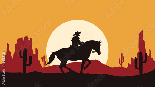 Landscape of a cowboy riding a horse in the desert scenery. Panoramic view of wild west desert with cowboy on horseback during sunset. Vector illustration of scenic canyon with butte and cacti