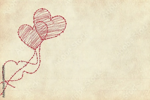 Two red hearts as balloons tied with red strings on parchment like paper background