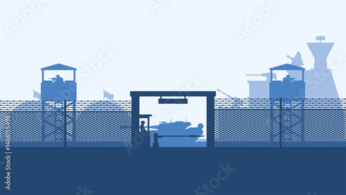 Landscape silhouette of military base scenery. Panoramic view of headquarter with military building and hangar. Vector illustration of scenic military bunker with tank and watchtower