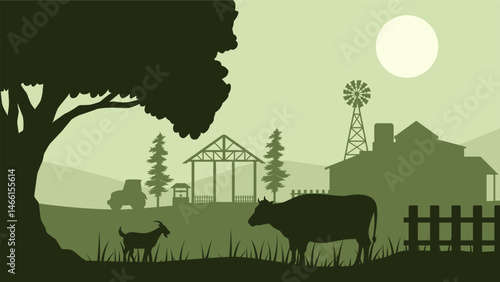 Landscape of farmland with livestock in a countryside scenery. Panoramic view of rural farm with cow and goat in pasture. Vector illustration of scenic countryside building with farmhouse and windmill