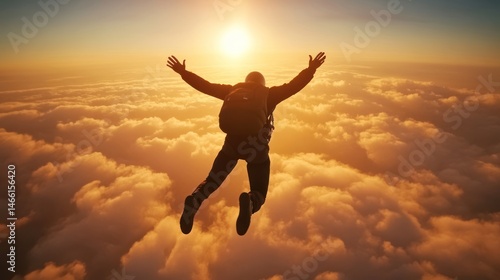 Wallpaper Mural Silhouette of skydiver above clouds at sunset.  A person with arms outstretched,  freefalling through a golden sky filled with fluffy clouds Torontodigital.ca