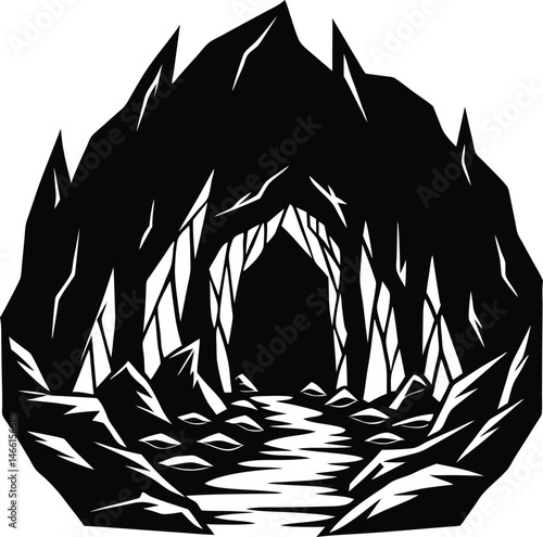 Black and White Mountain Shiloutee design, mountain, hill, cave, waterfall, set, etc.