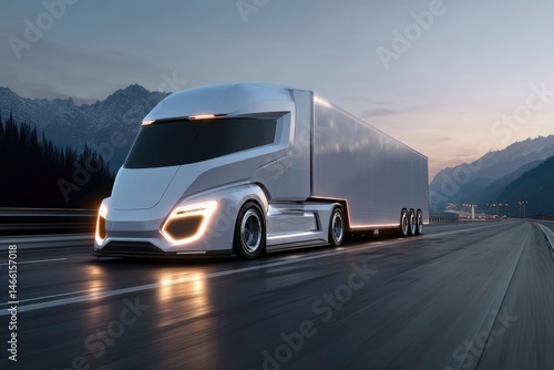 Futuristic electric truck transporting goods on a highway