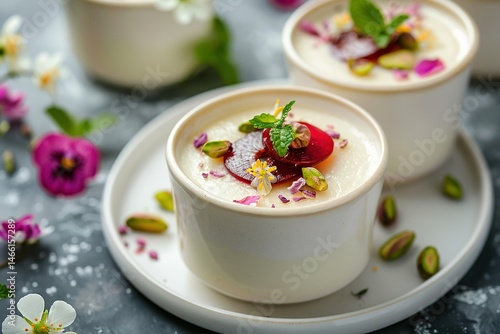 Elegant dessert cups with creamy pudding beet slices pistachios and floral garnish