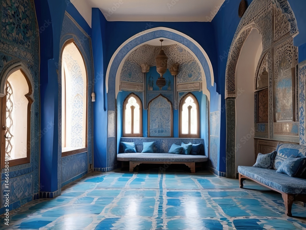 Fototapeta premium Elegant Blue Moroccan Architecture Featuring Intricate Geometric Patterns and Ornamental Design