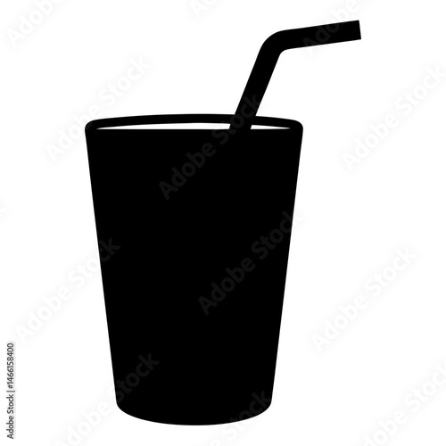 drinking straw in glass vector silhouette icon, black and white illustration of drinks.