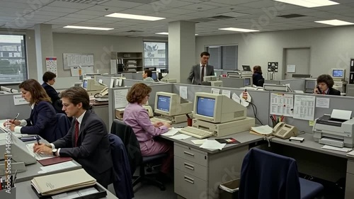 A Glimpse into the 80s:  A bustling office scene filled with workers diligently using early personal computers and telephones, showcasing the era's unique workplace aesthetics.