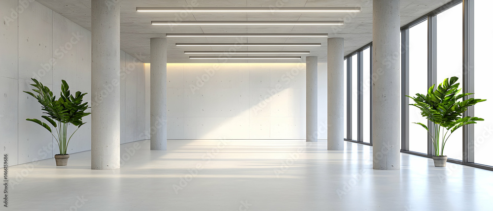 Fototapeta premium Empty Modern Concrete Interior With Plants And Large Windows
