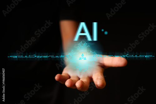 Businessman show artificial intelligence technology with gear icons and automation symbols, representing AI innovation, machine learning, automation, digital transformation, future technology trends.