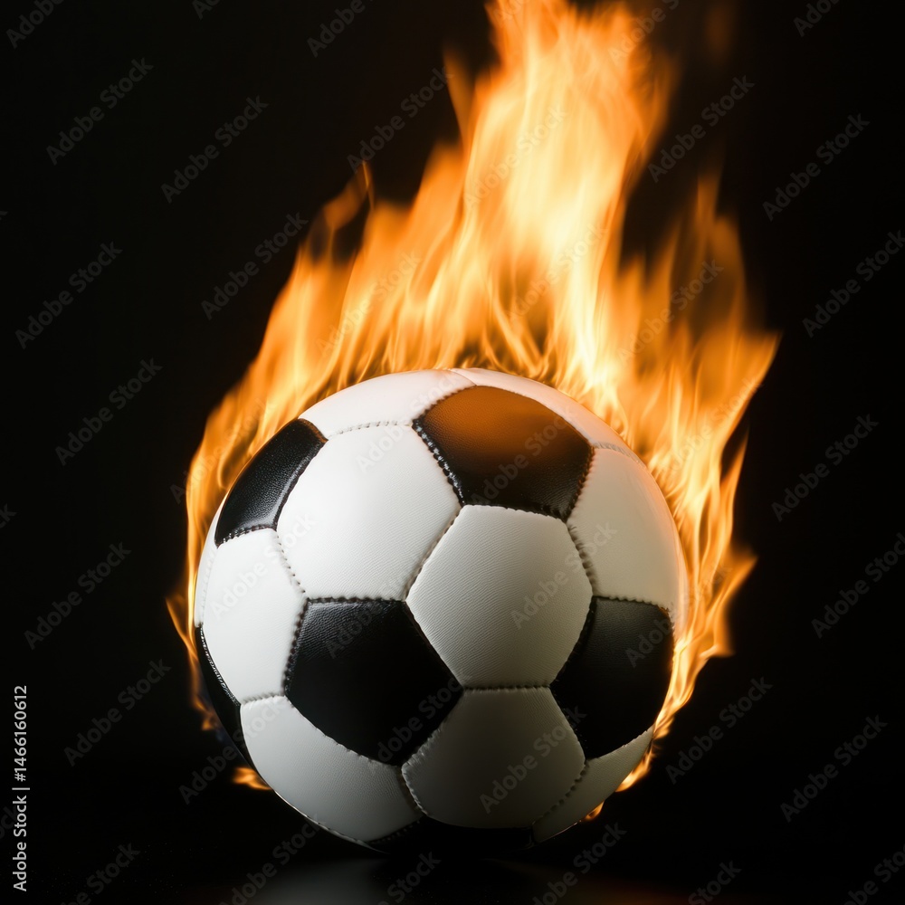 Fototapeta premium Soccer ball engulfed in fiery flames against a black backdrop