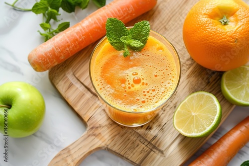 Fresh juice on a wooden board surrounded by fruit and vegetables on marble table