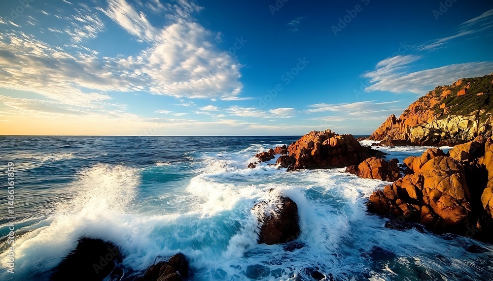 Fototapeta premium Ocean Waves Crashing on Rocky Coastline with Blue Sky and White Clouds