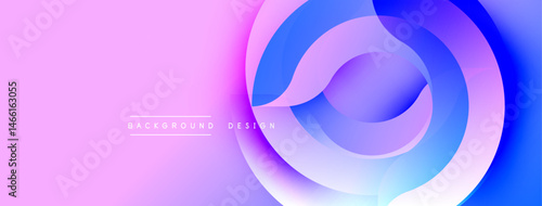 Abstract background features layered circular shapes. Pink, purple, blue hues blend smoothly creating dynamic visual effect. Modern design element.