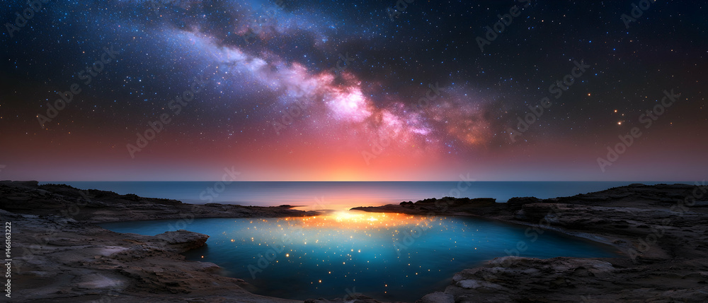 Fototapeta premium Night Sky Over Calm Ocean Sunset Seashore