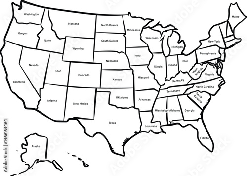 Black and White Outline Map of the United States with State Names