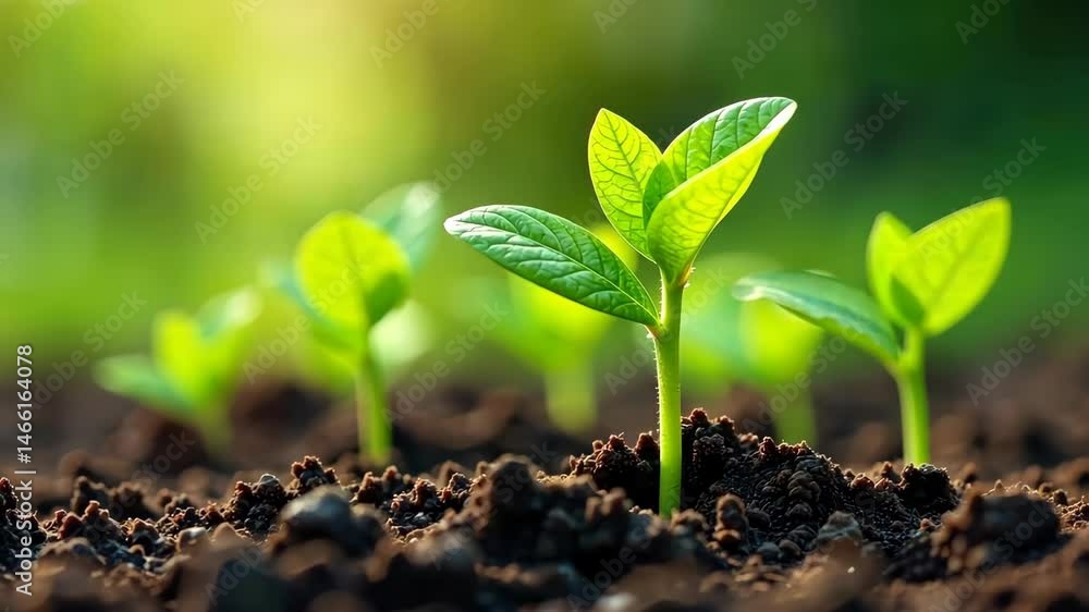 New life emerges Tiny plants sprout in rich soil, reaching for the sunlight. New life emerges Tiny plants sprout in rich soil, reaching for the sunlight.