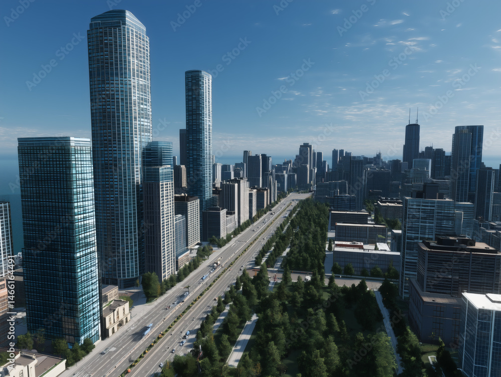 Obraz premium Aerial view of modern city with skyscrapers and tree-lined boulevard