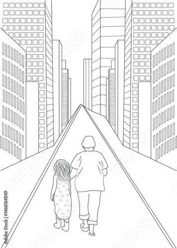 Grandmother and Child Walking Together on an Urban Road, Black and white line drawing illustration showing a grandmother and a child walking hand in hand down a road in a city, viewed from behind. 