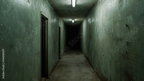 Dark and Creepy Hallway with Green Walls and Glowing Lights, Abandoned Indoor Space