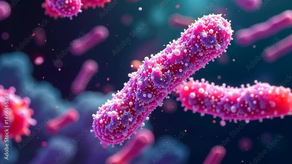 Microscopic view of vibrant pink and purple bacteria floating and rotating in a dark environment. Microscopic view of vibrant pink and purple bacteria floating and rotating in a dark environment.