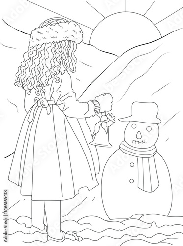 Girl with Christmas Bell and Snowman - Coloring Page, Line art illustration of a little girl holding a Christmas bell next to a friendly snowman in a snowy landscape with mountains and sun. Perfect 
