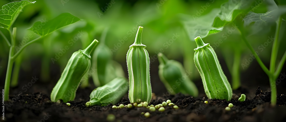 Fototapeta premium Closeup Of Okra Seedlings Growing In Soil
