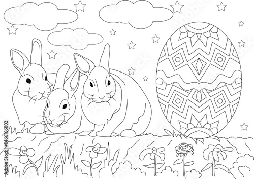 Bunnies with an Easter Egg Coloring Page, Three cute bunnies sit in a grassy field with flowers next to a large, decorated Easter egg. Simple outline illustration for a coloring page, depicting a 