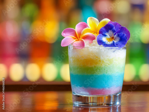 A colorful layered cocktail with crushed ice, garnished with vibrant edible flowers, sits on a bar with a blurred, multicolored background.