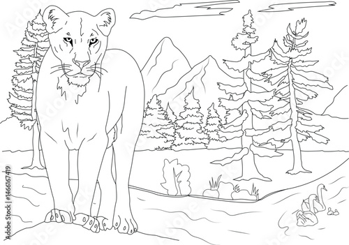 Young Lion Standing on a Hill in a Landscape - Line Drawing, A black and white line drawing featuring a young lion standing on a hilltop, looking out over a natural landscape with mountains, trees, 