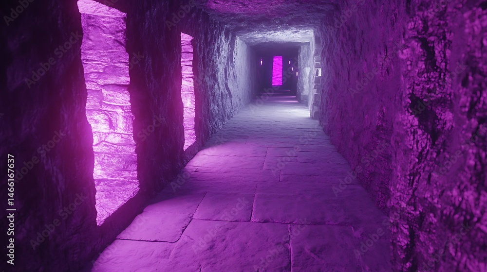 Obraz premium Neon-lit, stone corridor