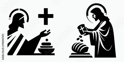 The Jesus Breaking Bread. Christian Art Nativity Crucifix Divine Salvation. offering messiah sharing fare a symbol of eucharist and communion.