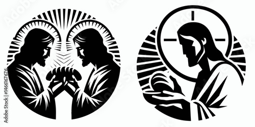 The Jesus Breaking Bread. Christian Art Nativity Crucifix Divine Salvation. Lords supper portrayal communion eucharist blessed nourishment sharing.