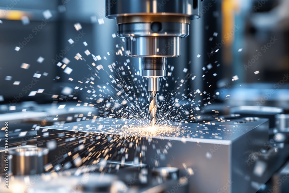 CNC machine drilling metal with sparks in industrial background. CNC machine drilling metal with sparks in industrial background.
