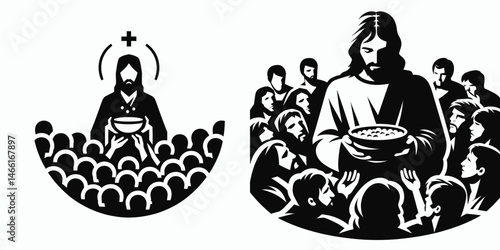 The Jesus Feeding Multitude. Christian Art Nativity Crucifix Divine Salvation. Miracle of bread provision nourishment for a great assembly biblical event.