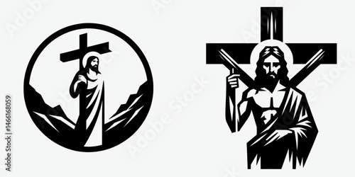 The Jesus Holding a Cross. Christian Art Nativity Crucifix Divine Salvation. christ bearing rood depiction of faith atonement redemption concept.