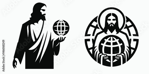 The Jesus Holding a Globe. Christian Art Nativity Crucifix Divine Salvation. savior embracing earth world governance global faith representation.
