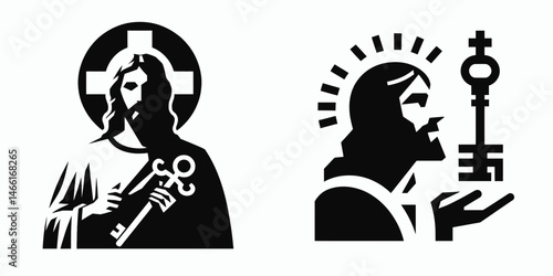The Jesus Holding a Key. Christian Art Nativity Crucifix Divine Salvation. Savior with opener access spiritual gateway christianity doctrine concept.