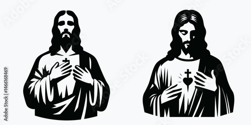The Jesus Holding His Chest. Christian Art Nativity Crucifix Divine Salvation. figure touching upper body icon of belief agony suffering salvation.