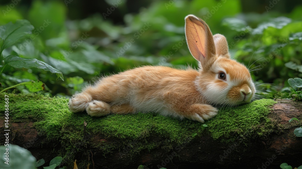 Fototapeta premium Rabbit lying flat on a mossy log, utterly relaxed, lush forest background, fairy-tale-like composition