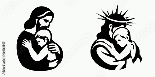 The Jesus Hugging a Child. Christian Art Nativity Crucifix Divine Salvation. Christs tender embrace of young one affection sacred innocent heavenly care.