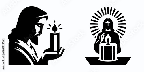 The Jesus Lighting a Candle. Christian Art Nativity Crucifix Divine Salvation. illumination christ figure kindling flame hopes beacon in dark.